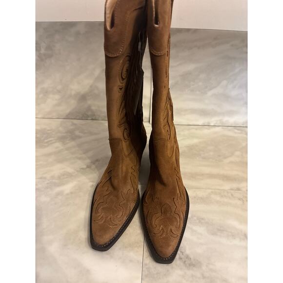 Mango MNG Women’s Leather Cowboy Boots Cutouts Brown Block Heel Size 7.5 New - Picture 2 of 10